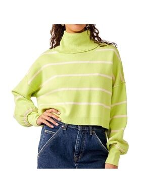 Free People Paulie Lime Green Striped Turtleneck Crop Sweater Women’s Small